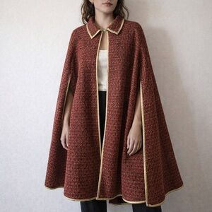 Aura Red Tweed Cape Coat Gold Trim Classic Preppy Old Money Medium NWT